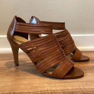 Franco Sarto Brown Leather Strappy Cage Sandal Heels Size 8.5